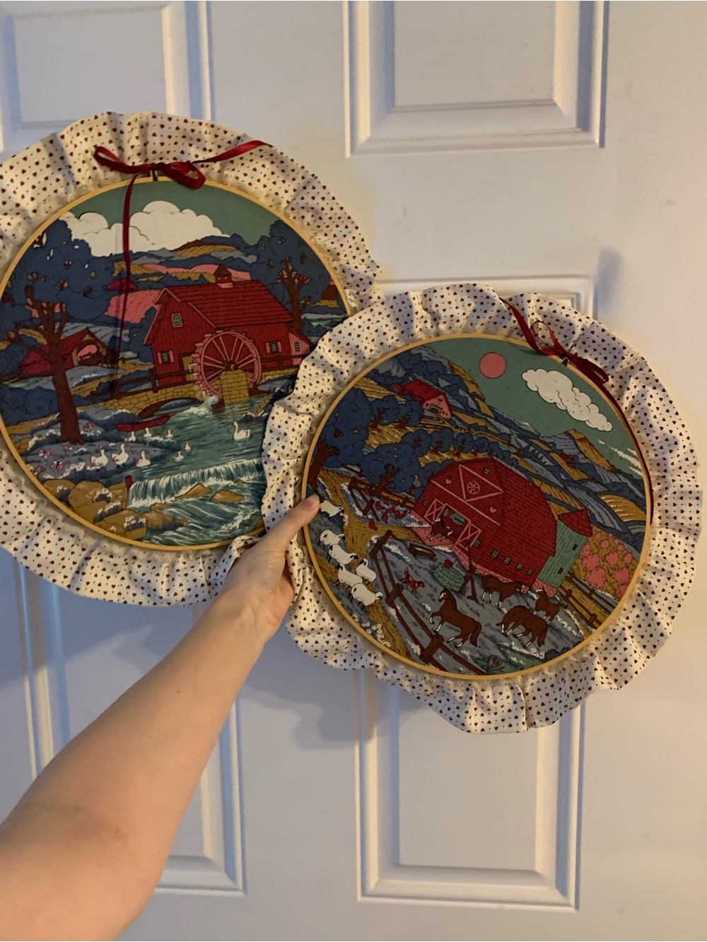 Handmade Set of 2 Round Fabric Wall Hangings Ruffled Edge Farm cottagecore